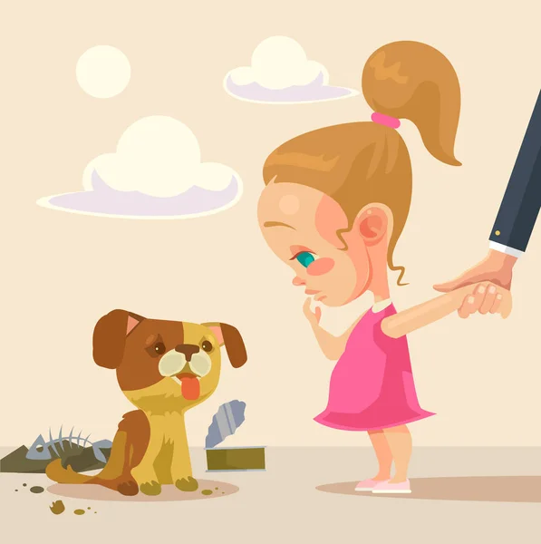 Petite fille et chien sans abri. Illustration vectorielle de dessin animé plat — Image vectorielle