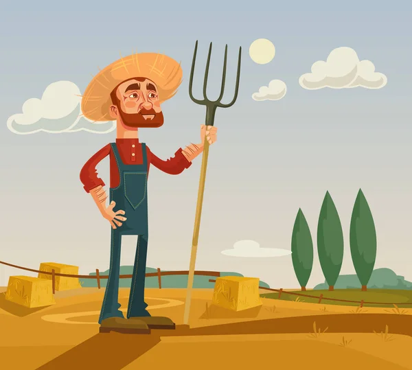 Personagem de agricultor feliz e fazenda. Ilustração de desenho animado plano vetorial — Vetor de Stock