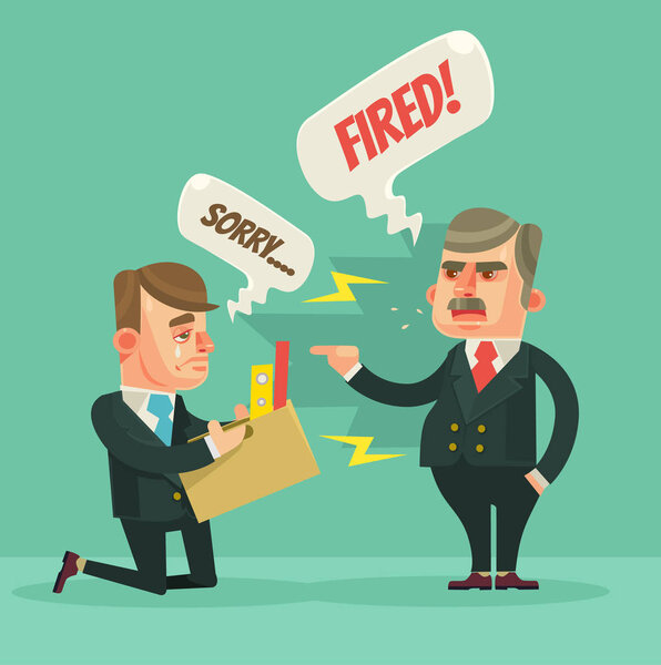 Fired office worker. Angry boss character. Vector flat cartoon illustration