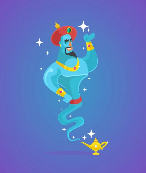 Genie karaktert a mágikus lámpa. Vektor lapos rajzfilm illusztráció — Stock Vector