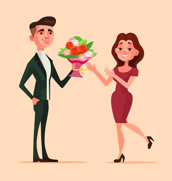 Man character give bouquet flowers to woman. First love date. Vector flat cartoon illustration — Stock Vector