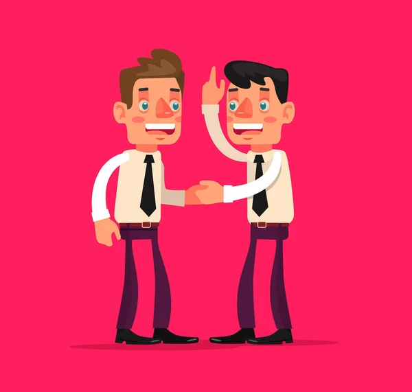 Két üzletember irodai dolgozók karakterek kézfogás. Vektor lapos rajzfilm illusztráció — Stock Vector