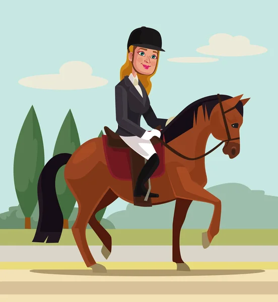 Chica personaje caballo a caballo. Deporte profesional. Vector plano ilustración de dibujos animados — Archivo Imágenes Vectoriales