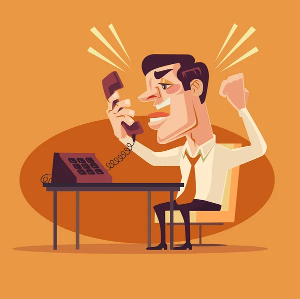 Personagem trabalhador de escritório irritado gritando no telefone. Ilustração de desenho animado plano vetorial — Vetor de Stock