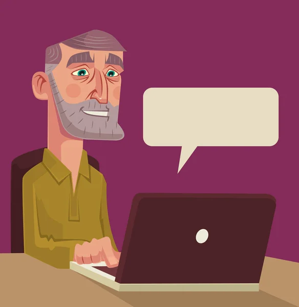 Figur des alten Mannes, der im Netzwerk spricht. Vektor flache Cartoon-Illustration — Stockvektor