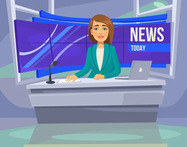 Personaje de Anchorwoman en la televisión. Noticias de última hora. Vector plano ilustración de dibujos animados — Archivo Imágenes Vectoriales