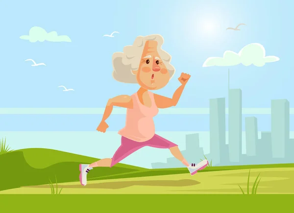 Uma velha desportista a correr. Estilo de vida saudável. Ilustração de desenho animado plano vetorial —  Vetores de Stock