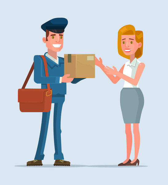 Courier man character brought parcel consumer. Vector flat cartoon illustration
