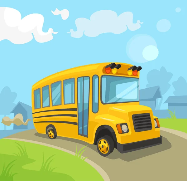 Bus sekolah kuning. Ilustrasi kartun datar vektor - Stok Vektor