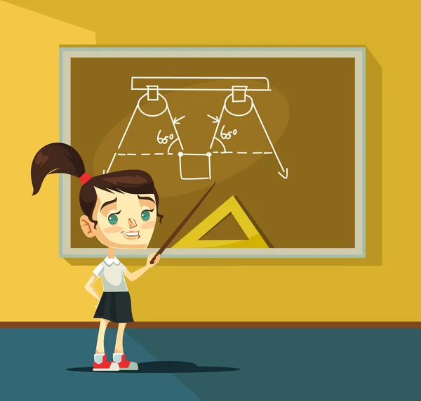 Schoolmeisje karakter in de buurt van blackboard. Vectorillustratie platte cartoon — Stockvector