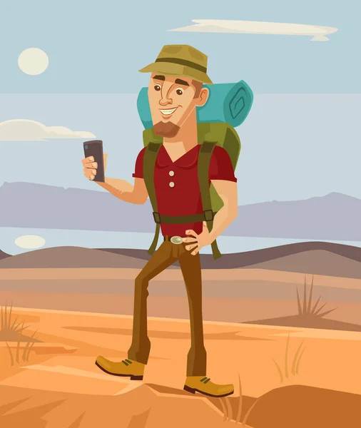 Personagem de homem turístico usando telefone inteligente. Ilustração de desenho animado plano vetorial —  Vetores de Stock