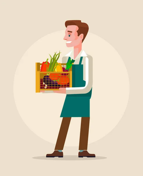 El obrero sostiene la caja llena de verduras. Vector plano ilustración de dibujos animados — Vector de stock