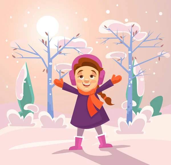 Dívka charakter pod zimní sněžení. Plochý kreslené vektorové ilustrace — Stockový vektor