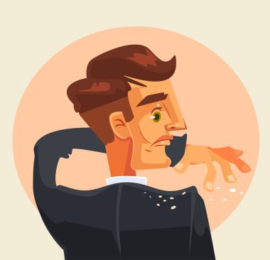 Man character shakes off dandruff from his shoulder. Vector flat cartoon illustration clipart