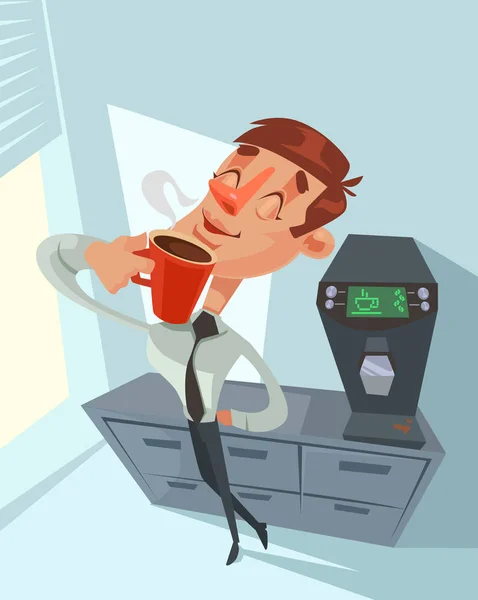 Przerwa na kawę. Pracownik biurowy szczęśliwy. Wektor ilustracja kreskówka płaskie — Wektor stockowy