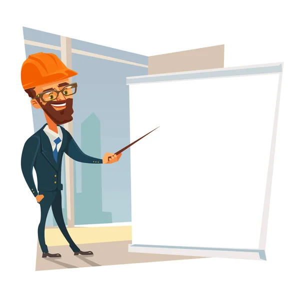 Constructor capataz trabajador hombre carácter haciendo presentación. Vector plano ilustración de dibujos animados — Archivo Imágenes Vectoriales