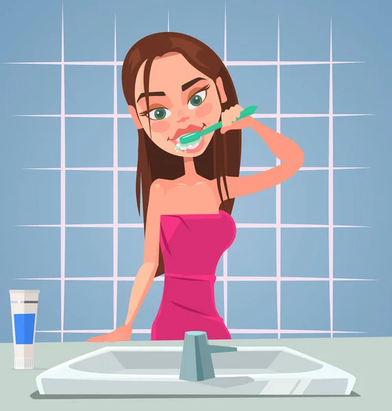 Chica carácter cepillarse los dientes. Vector plano ilustración de dibujos animados — Vector de stock