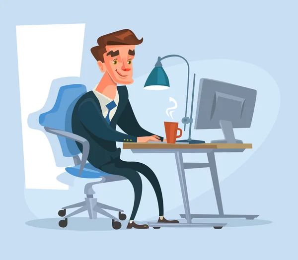 Happy office worker character work. Vector flat cartoon illustration — Stock Vector