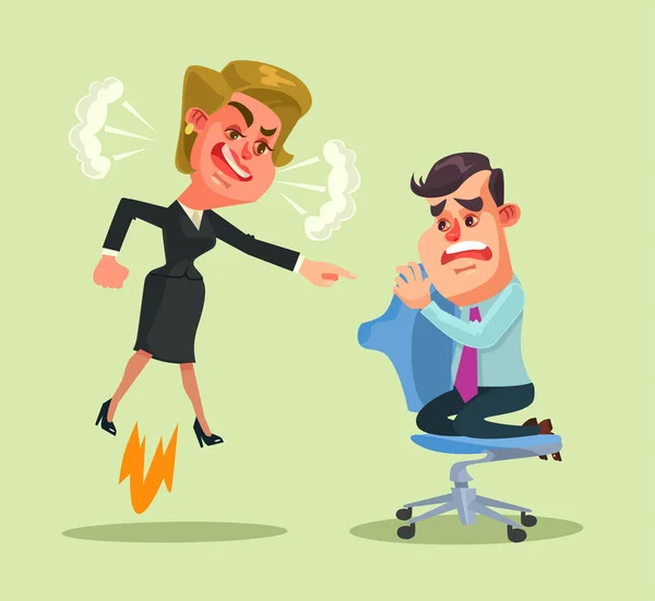 Boss woman character yells at employee man. Vector flat cartoon illustration — Stock Vector