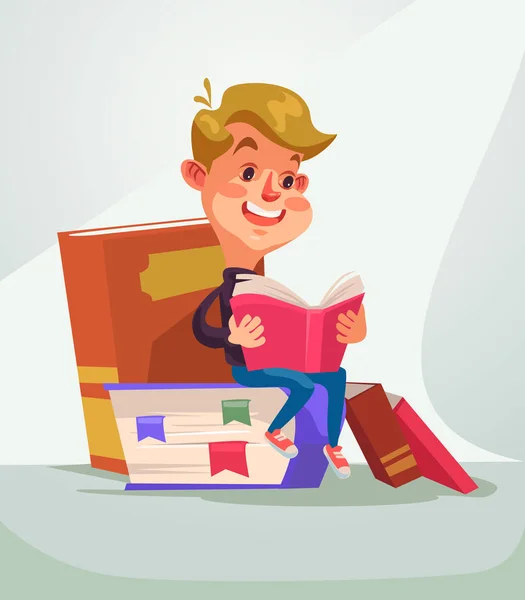 Escola menino personagem leitura livro. Ilustração de desenho animado plano vetorial —  Vetores de Stock