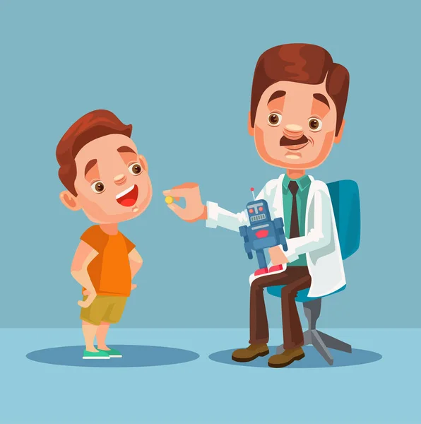 Personaje médico dando medicina a un niño pequeño paciente. Vector plano ilustración de dibujos animados — Vector de stock