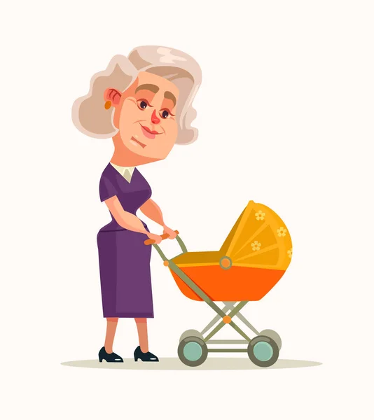 Abuela personaje caminando con el recién nacido. Vector plano ilustración de dibujos animados — Archivo Imágenes Vectoriales