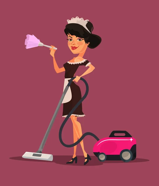 女佣的女人性格用真空吸尘器清理。矢量平面卡通插画 — 图库矢量图片