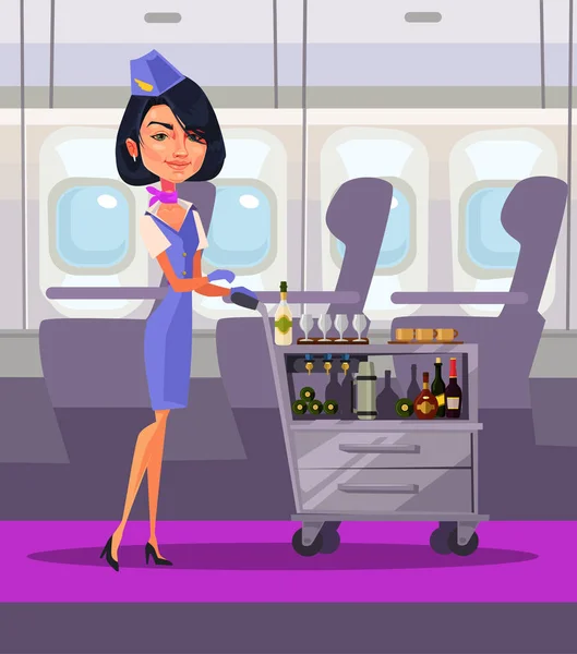 Stewardess personagem segurar bandeja com comida e bebida. Ilustração de desenho animado plano vetorial —  Vetores de Stock