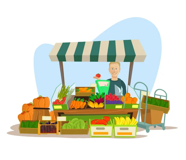 Frutas y verduras vendedor hombre carácter. Vector plano ilustración de dibujos animados — Vector de stock