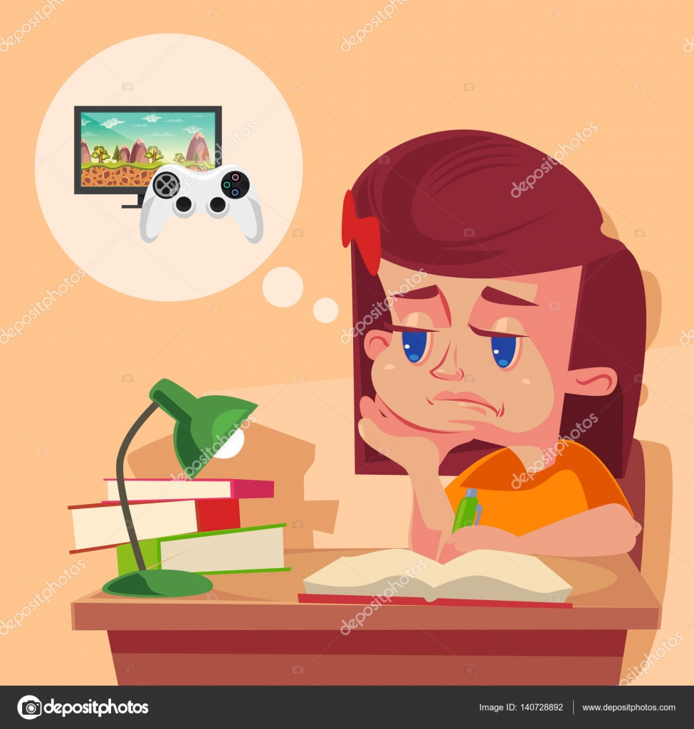 School Girl Child Character Do Not Want To Do Homework Vector Flat Cartoon Illustration Vector Image By C Prettyvectors Vector Stock
