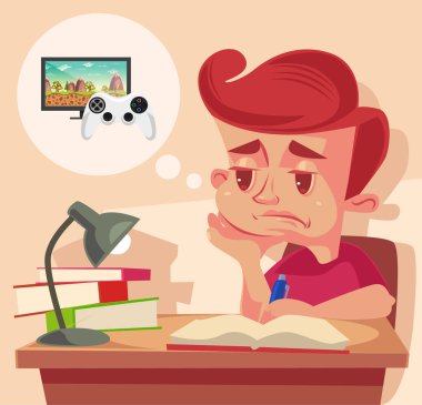School child character do not want to do homework. Vector flat cartoon illustration clipart
