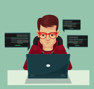 Genç programcı adam karakter kodlama. Vektör düz çizgi film illüstrasyon