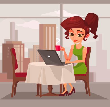 Kadın karakter iş laptop kafede. Vektör düz çizgi film illüstrasyon