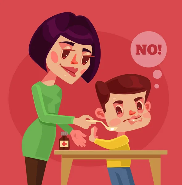 Child character do not want to take medication. Vector flat cartoon illustration — Stock Vector