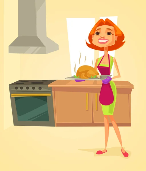 Charakter hospodyně v kuchyni drží smažené kuře. Plochý kreslené vektorové ilustrace — Stockový vektor