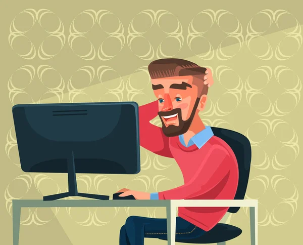 Man karakter werkt op computer. Vectorillustratie platte cartoon — Stockvector