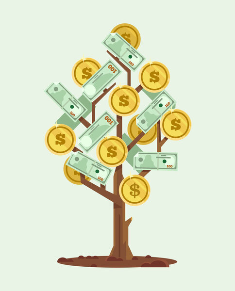 Большое денежное дерево. Успешное дело. Векторная плоская иллюстрация
