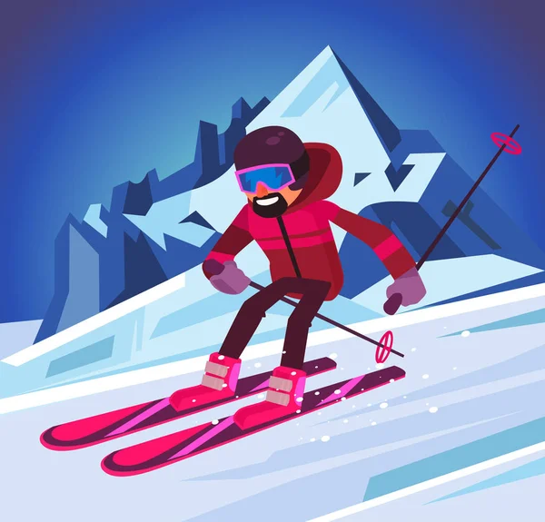 Personagem de esquiador a descer a colina. Ilustração de desenho animado plano vetorial — Vetor de Stock