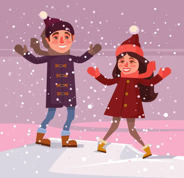 Man and woman characters enjoying snowfall. Vector flat cartoon illustration — Stock Vector