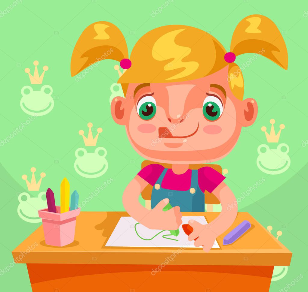 Pequena menina personagem desenha imagens e fazer
