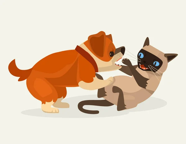 Cat and dog character fight. Vector flat cartoon illustration — Stock Vector