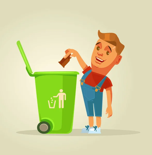El chico tira basura a la basura. Vector plano ilustración de dibujos animados — Vector de stock
