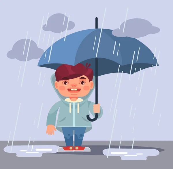 雨の下で小さな少年の文字。ベクトル フラット漫画イラスト — ストックベクタ