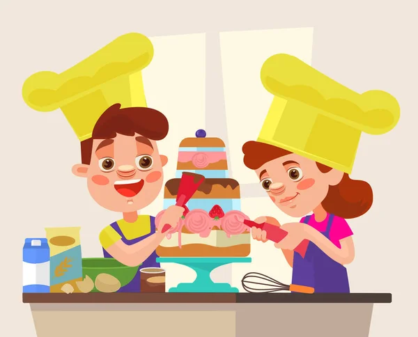 Children character bake cake. Vector flat cartoon illustration — Stock Vector