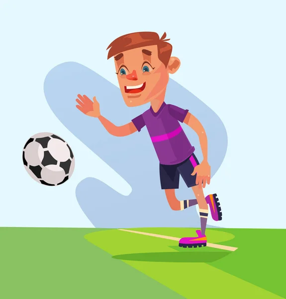 El personaje del niño juega al fútbol. Vector plano ilustración de dibujos animados — Vector de stock