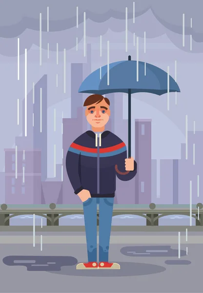 Personagem jovem guarda guarda-chuva sob chuva. Ilustração de desenho animado plano vetorial — Vetor de Stock