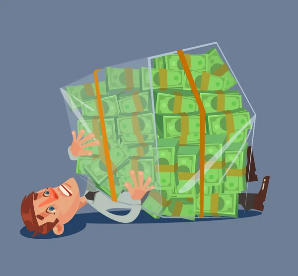 Office worker man character crushed bunch of money. Vector flat cartoon illustration — Stock Vector