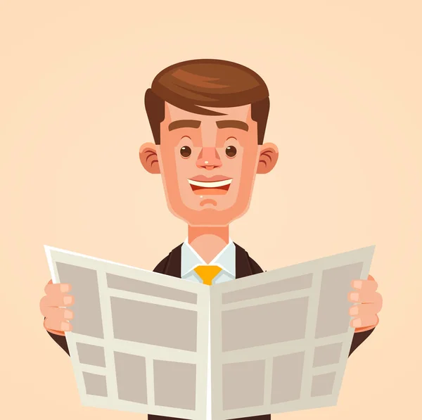 Hombre de negocios leyendo el periódico. Vector plano ilustración de dibujos animados — Vector de stock