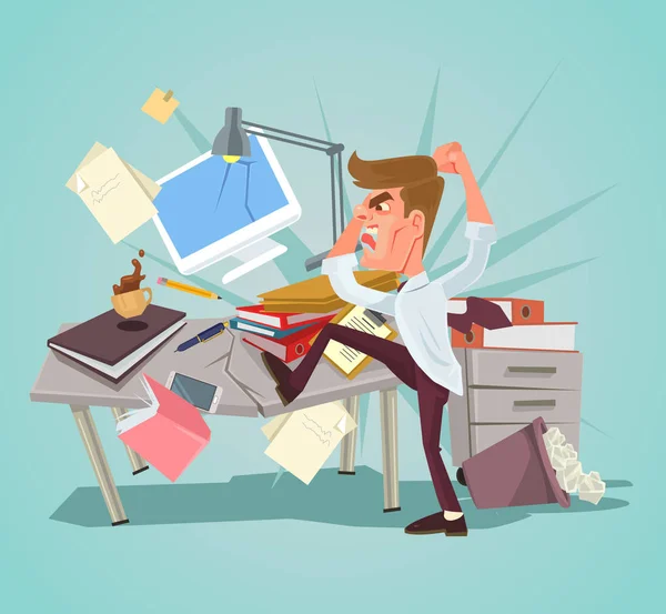 Angry office worker character crash workplace. Vector flat cartoon illustration — Stock Vector