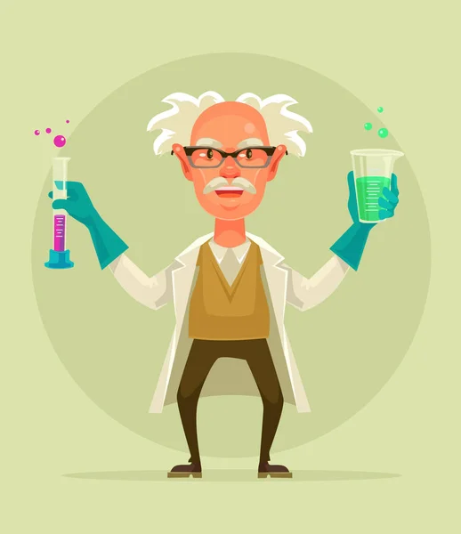 Alte verrückte Wissenschaftlerfigur im Reagenzglas. Vektor flache Cartoon-Illustration — Stockvektor